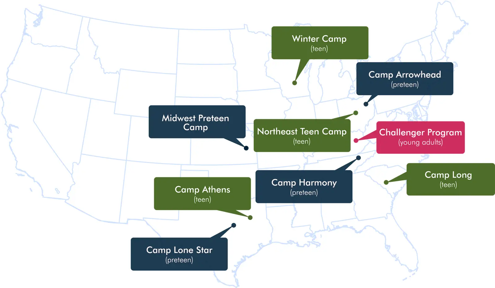 Map showing 2026 COGWA camp locations across the United States